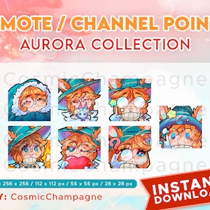 Könnte beinhalten: Ein Satz von acht digitalen Emoticons mit einer Comicfigur mit orangefarbenem Haar, die eine Brille und einen blau-grünen Hexenhut trägt. Die Figur hat verschiedene Gesichtsausdrücke, darunter schläfrig, überrascht und glücklich. Die Emoticons sind in vier verschiedenen Größen verfügbar: 256 x 256 Pixel, 112 x 112 Pixel, 56 x 56 Pixel und 28 x 28 Pixel. Der Text "EMOTE/CHANNEL POINT AURORA COLLECTION" befindet sich oben im Bild. Der Text "INSTANT DOWNLOAD" befindet sich unten im Bild. Der Text "BY: CosmicChampagne" befindet sich unten im Bild.