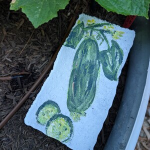 May include: A hand-painted, rectangular stone featuring a green cucumber with leaves and yellow flowers. Two cucumber slices are also painted on the stone. The artwork is set against a backdrop of mulch and green foliage.