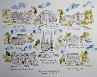 Original Story Wall art, watercolor, original, campus art, Villanova, University, Pennsylvania, College art, Graduation gift