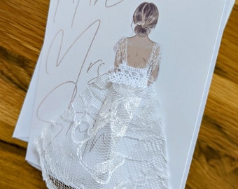 Matrimonio, fidanzamento, sposa, biglietto fatto a mano, tulle, tessuto, personalizzato, biglietto, futura moglie, cravatta nera, abito, biglietto d'auguri, pizzo, personalizzato,