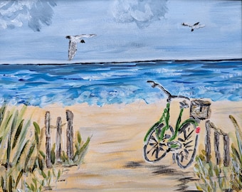 Bike Ride, original wall art, 11x14 framed, floral painting, hand painted, coast, sea,summer art, Hamptons,blue,Cape Cod