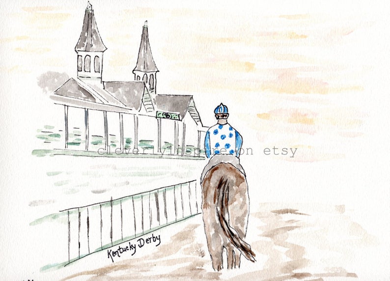 Derby Inspired, custom wall art, Horse racing art, original watercolor image 1
