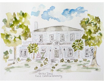 Sorority house, greek life, sorority house, watercolor, fraternity, East Carolina, Pink and Green