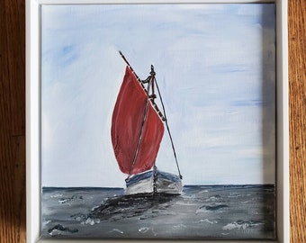 Sailing, Art Reprint 11x14, original art, canvas, hand painted, coastal, beach, sand, ocean, sea, boat, red blue, summer, Hamptons