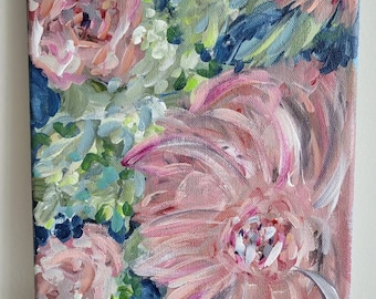 Original hand-painted acrylic art, floral, shabby chic, 8x10, pink, green, blue, blush, wall art