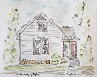 11x14 Campus house, Neighborhood, Watercolor, Original Art, Ohio, Dayton, College life, Wall art