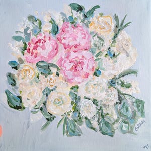 May include: An original painting of a floral bouquet. The bouquet features large pink peonies, white roses, and green foliage against a light blue background. The painting is signed and dated 6.22.24.