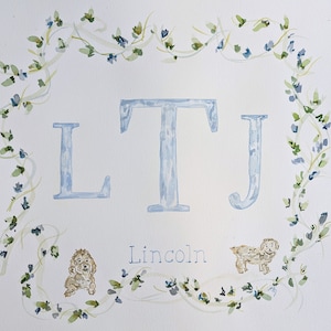 Custom Nursery Watercolor Art, puppy, flowers, baby, bows, original art, monogram, southern, boy, blue, preppy, gingham