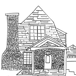 May include: A black and white line drawing of a house with a brick exterior, a chimney, a front porch, and a garage. The house has a gabled roof and a dormer window.