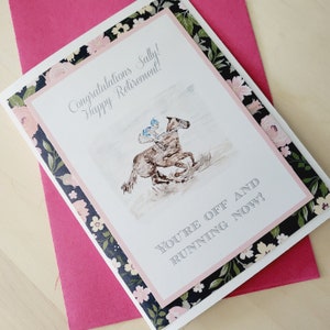 Carta di pensionamento, personalizzata, personalizzata, unica, cavalli, corse, donna, acquerello, regalo, 5*7, spedizione gratuita, invio diretto