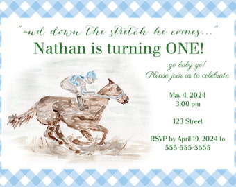 Set of 50 First Birthday Invites, 5x7,  Kentucky Derby Party Invitations, Derby Party, horse, races, blue, gingham, preppy, sweet