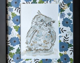 Owl watercolor art, custom, framed, matted, flowers, blue, hand painted