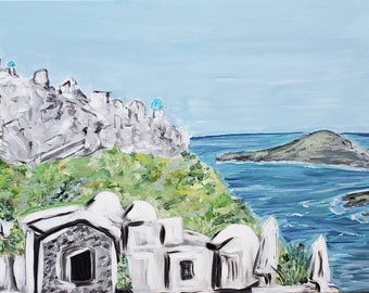 18x24 Original art, Santorini, Greece, Coast, wall art, hand painted, acrylic, beach, sand, coastal, large art, travel, blue