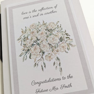 Tarjeta de despedida de soltera personalizada, tarjeta hecha a mano, tarjeta de boda, arte original, acuarela, rosa blanca, tarjeta de felicitación personalizada