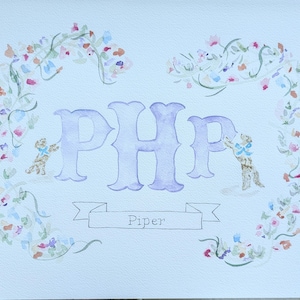 16x20 Custom Nursery Watercolor Art, puppy, flowers, baby, bows, original art, monogram, southern, boy, blue, preppy, gingham