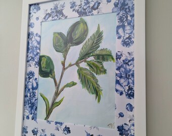 Original Wall art, hand-painted acrylic,limes, tree, blue and green, kitchen,framed, pink, wall art, 11x14, custom mat