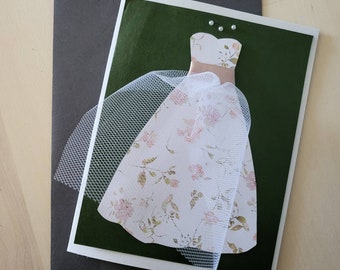 Wedding, engagement, handmade card, tulle, fabric, paper, custom, card, 5*7, pink, green, floral,dress, greeting card, unique, bridesmaid