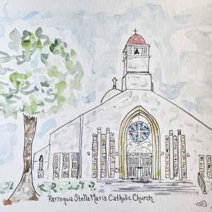 Custom watercolor, church, home, school, personalized, hand painted, Original Watercolor, Stella Maris Catholic Church, Puerto Rico