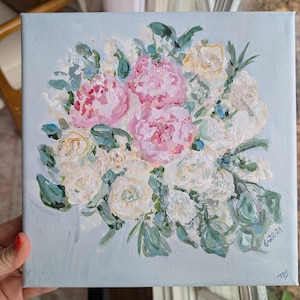 Bridal Bouquet canvas in Acrylic, Original art, canvas, 8x8, wall art, bride,wedding, anniversary