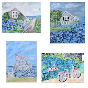 De hortensiaset, Art print, hortensia's aan zee, originele muurkunst, bloemschilderij, kust, zee, Nieuw Engeland, blauw, Nantucket, bloemen