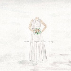 Wedding Dress Watercolor, Simple, Floral, Hand Painted Art, Personalized, Anniversary, Original Watercolor