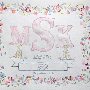 Custom Nursery Watercolor Art, puppy, flowers, girl, bows, original art, monogram, southern, sweet, girly