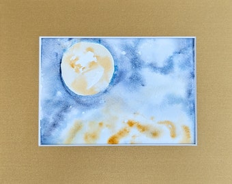 Moon Sun Watercolor, earth, blue, gold, sea, wall art, personalized, custom, painting, 8x10, framed
