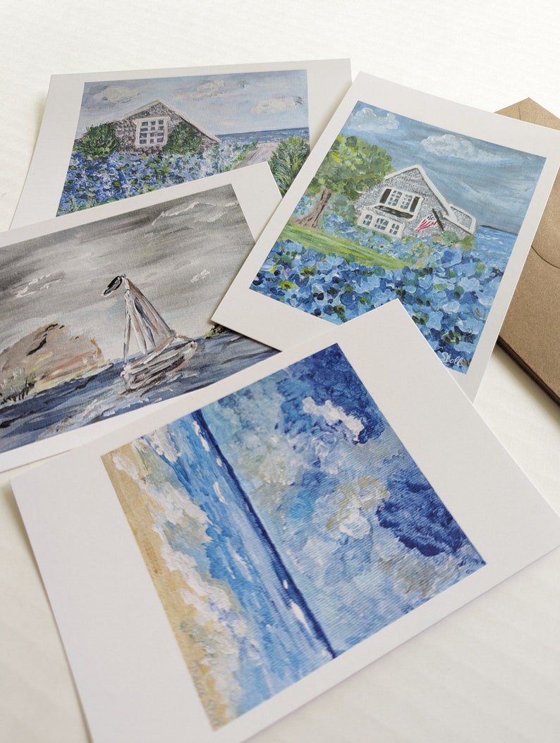 Set of 8, Original Summer Art Notecards, Ocean, Beach House, Hydrangeas ...