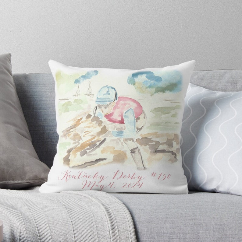 Horse Race, Pillow, Custom, Watercolor, Southern, Derby, 150, Louisville, jockey image 1