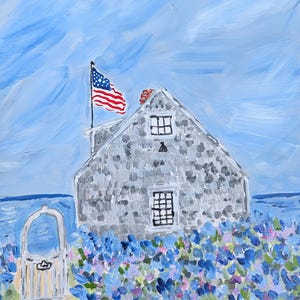 Summer House-kunstprint, hortensia's aan zee, originele muurkunst, bloemschilderij, kust, zee, Nieuw Engeland, blauw, Nantucket, bloemen, vlag