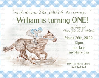 Digital First Birthday Invites, 5x7,  Kentucky Derby Party Invitations, Derby Party, horse, races, blue, gingham, preppy, sweet