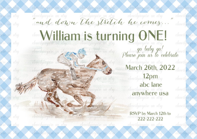 Digital First Birthday Invites, 5x7, Kentucky Derby Party Invitations, Derby Party, horse, races, blue, gingham, preppy, sweet image 1