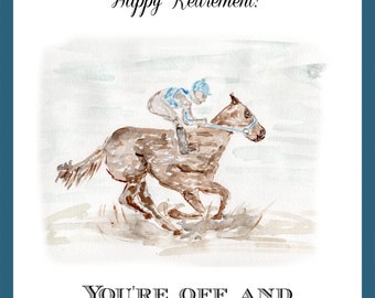 Retirement card, custom, personalized, unique, horses, races, man, watercolor, gift, 5*7, free shipping, send direct