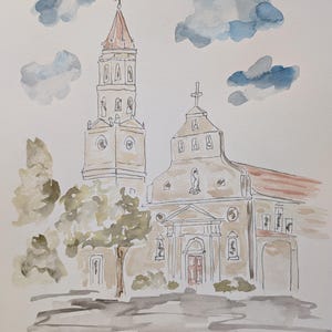 11x14 Watercolor church, Custom watercolor, personalized, hand painted, Original, wedding, anniversary, wall art, Cathedral of the Basilica