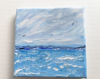 Mini Art,hand painted, coastal, 5x5, original wall art, beach day, sea, ocean, sand, gull, couple, north carolina
