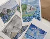 Set of 8, Original Summer Art Notecards, ocean, beach house, hydrangeas, hand painted, gift, hamptons