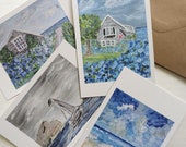 Set of 30, Original Summer Art Notecards, ocean, beach house, hydrangeas, hand painted, gift, hamptons