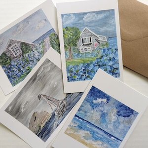 Set van 8, originele zomerkunstkaarten, oceaan, strandhuis, hortensia's, handgeschilderd, cadeau, hamptons