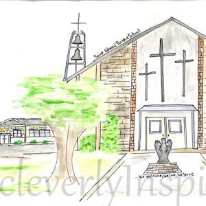 Acuarela personalizada, iglesia, hogar, escuela, personalizada, pintada a mano, acuarela original