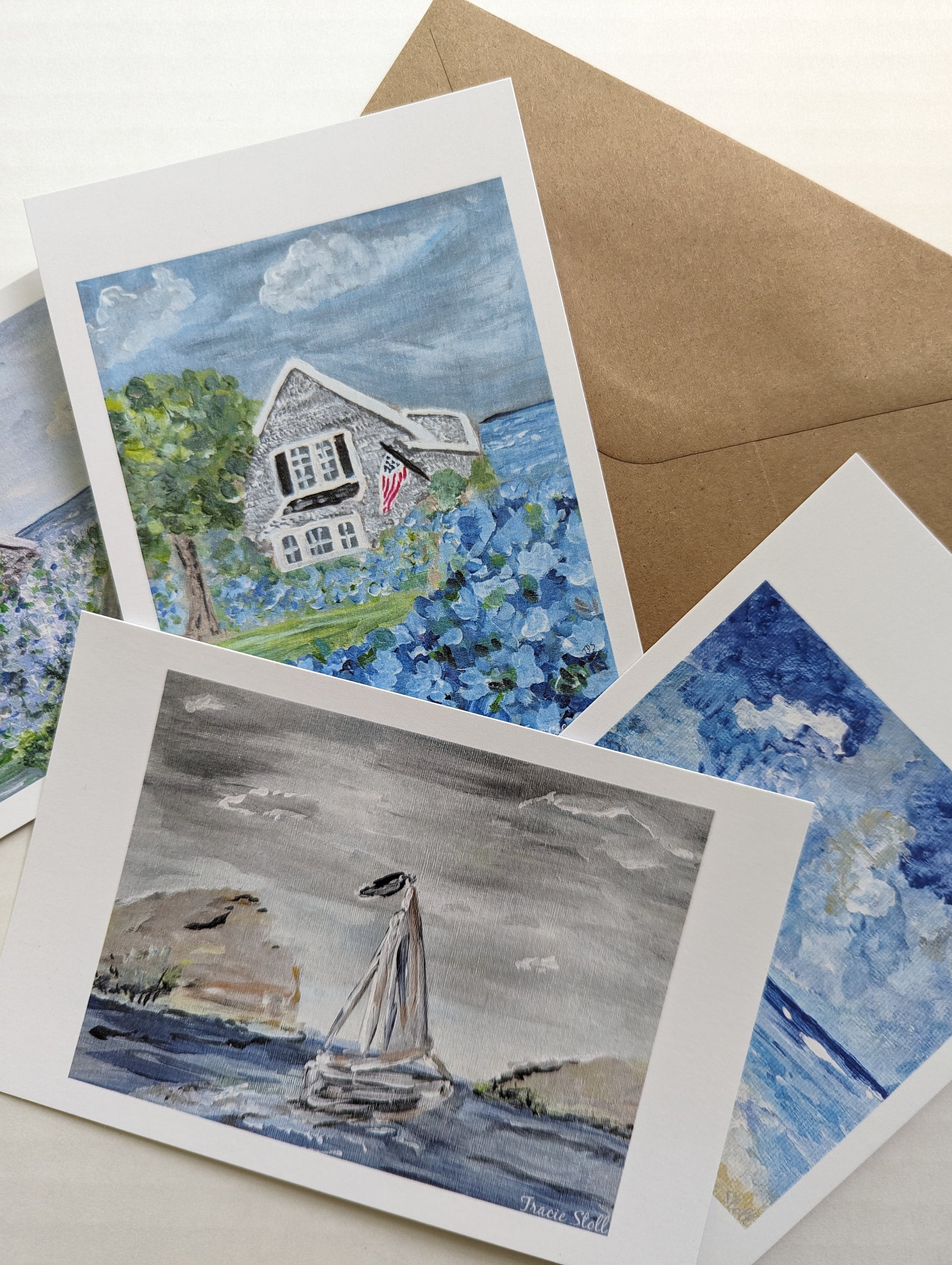 Set of 8, Original Summer Art Notecards, Ocean, Beach House, Hydrangeas ...