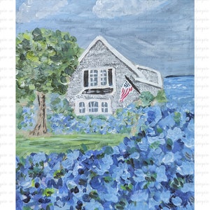 Kunstprint, hortensia's aan zee, originele muurkunst, bloemenschilderij, kust, zee, New England, blauw, Nantucket, bloemen, Hamptons, strand