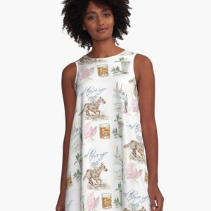 Custom art on A line dress, Horse Race, Unique, watercolor image 1