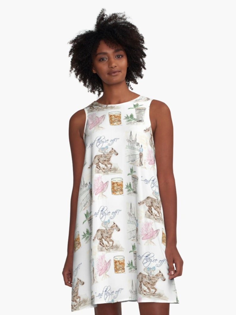 Custom art on A line dress, Horse Race, Unique, watercolor image 1