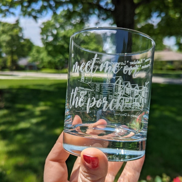 Art Etched glasses, set of 2, wine glass, pint, cocktail, Dayton, Ohio, barware, wedding party gift, porch, campus, bourbon