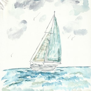 Sailboat Watercolor, Art reprint, Giclee, coastal, beach, sand, ocean, sea, boat, red blue, summer, Hamptons