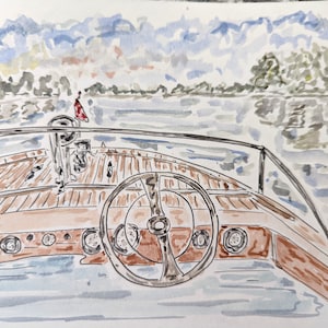 May include: A watercolour painting of a wooden boat with a steering wheel and a view of a lake and trees in the background.