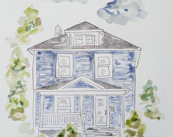 Original watercolor, 5x7, hand painted, Watercolor, house, lake house, beach house, campus, roommate, graduation, custom, personalized