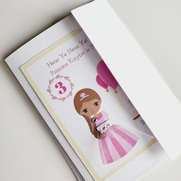 Custom Princess Birthday card, personalized, dress up, pink, grandchild, 5x7, send direct, stamped, bi racial