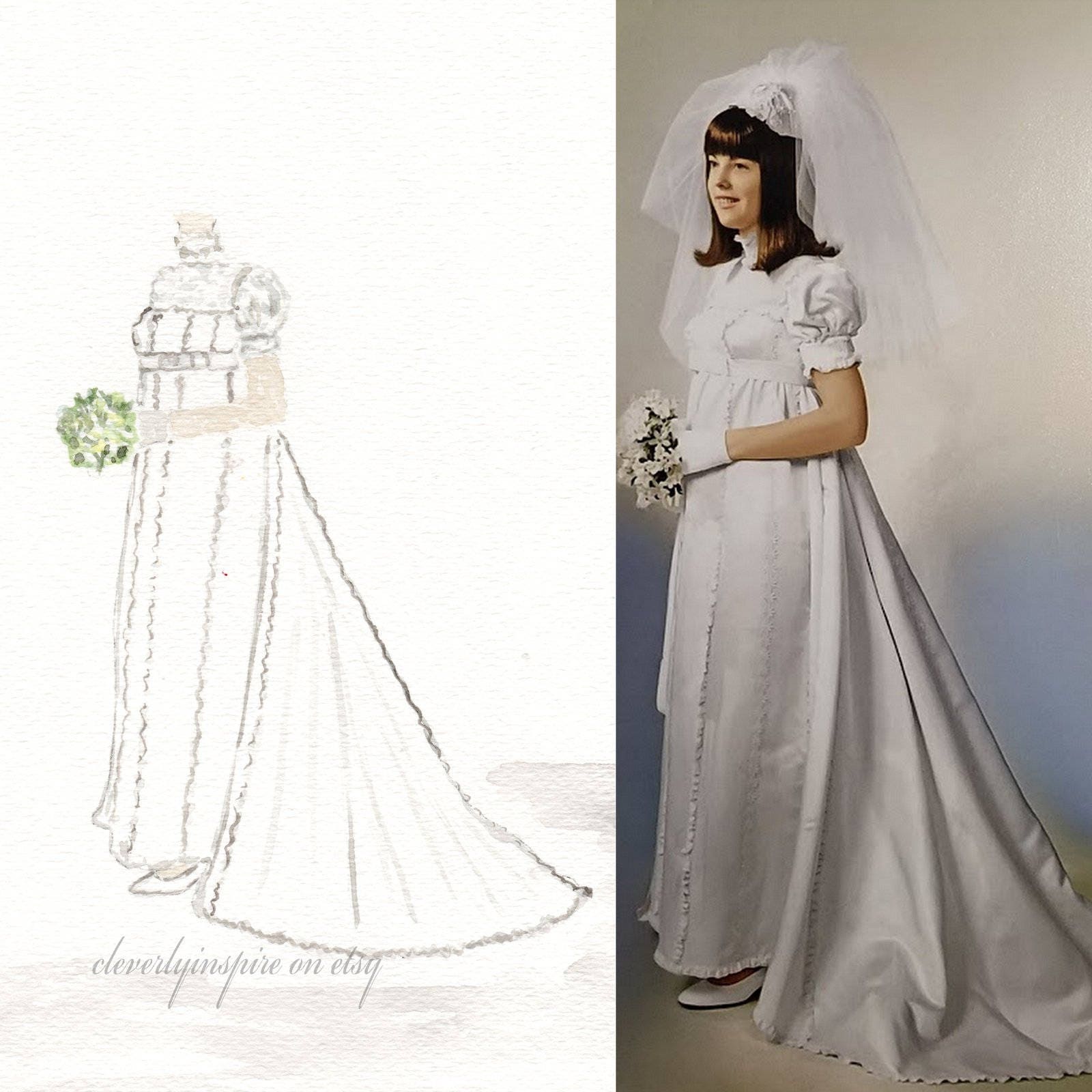 タイトル 道 1969年 ビンテージ ウェディングドレスの花婿 ちぎり絵 ウェディングドレスの水彩画、ヴィンテージ、1969年、母の日、手描き