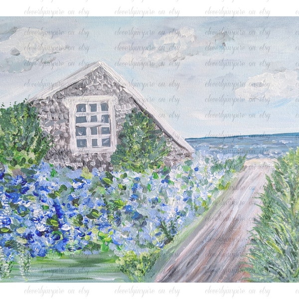 Art print, Hydrangeas by the sea , original wall art,12x12 floral painting, coast, sea, new england,  blue, Nantucket, flowers